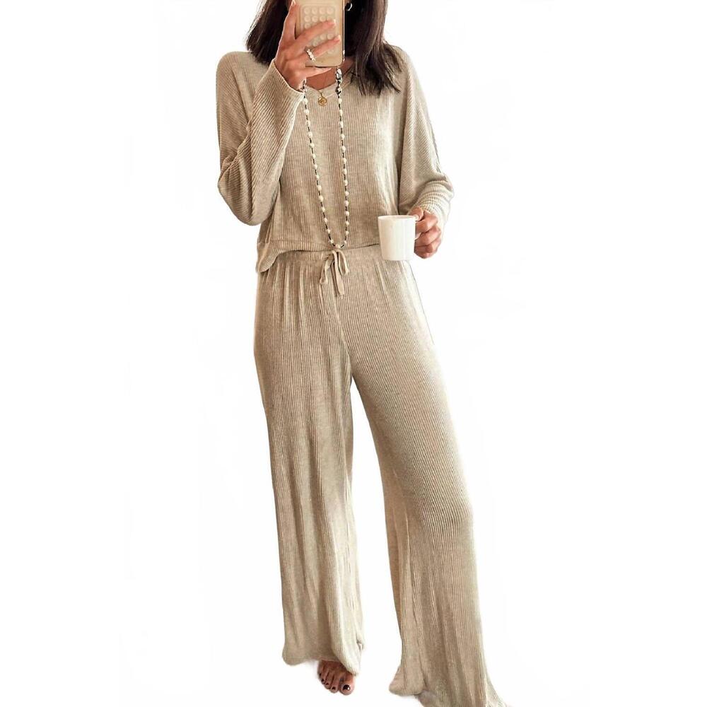 NEW DEAR LOVER v-neck ribbed 2 piece loungewear set in beige